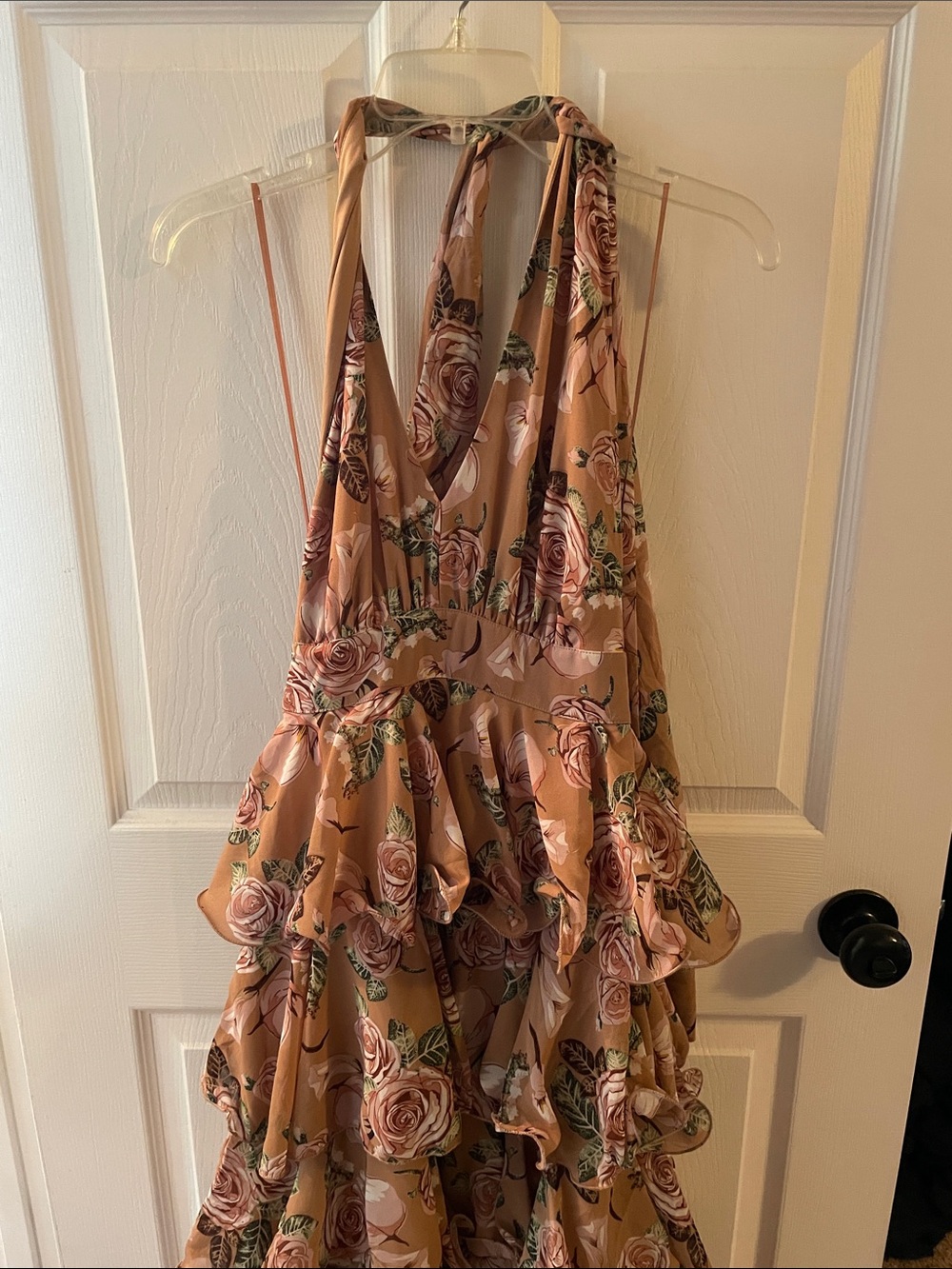Floral Ruffle Maxi Dress in Camel Pink